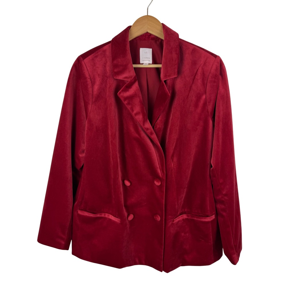 LC Lauren‎ Conrad Velvet Blazer 0X Red Jacket Double Breasted Holiday Christmas
